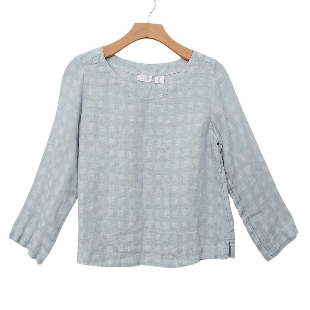 Sigrid Olsen Lienen Top Womens Small Gray Checked Textured 3/4 Sleeve Lagenlook